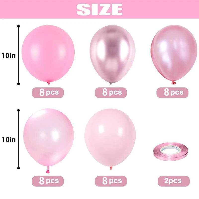 Pack of latex balloons in various shades of pink and silver for party decorations