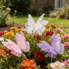A delicate, translucent pink and purple 3D mesh butterfly wall decor placed among colorful garden flowers.