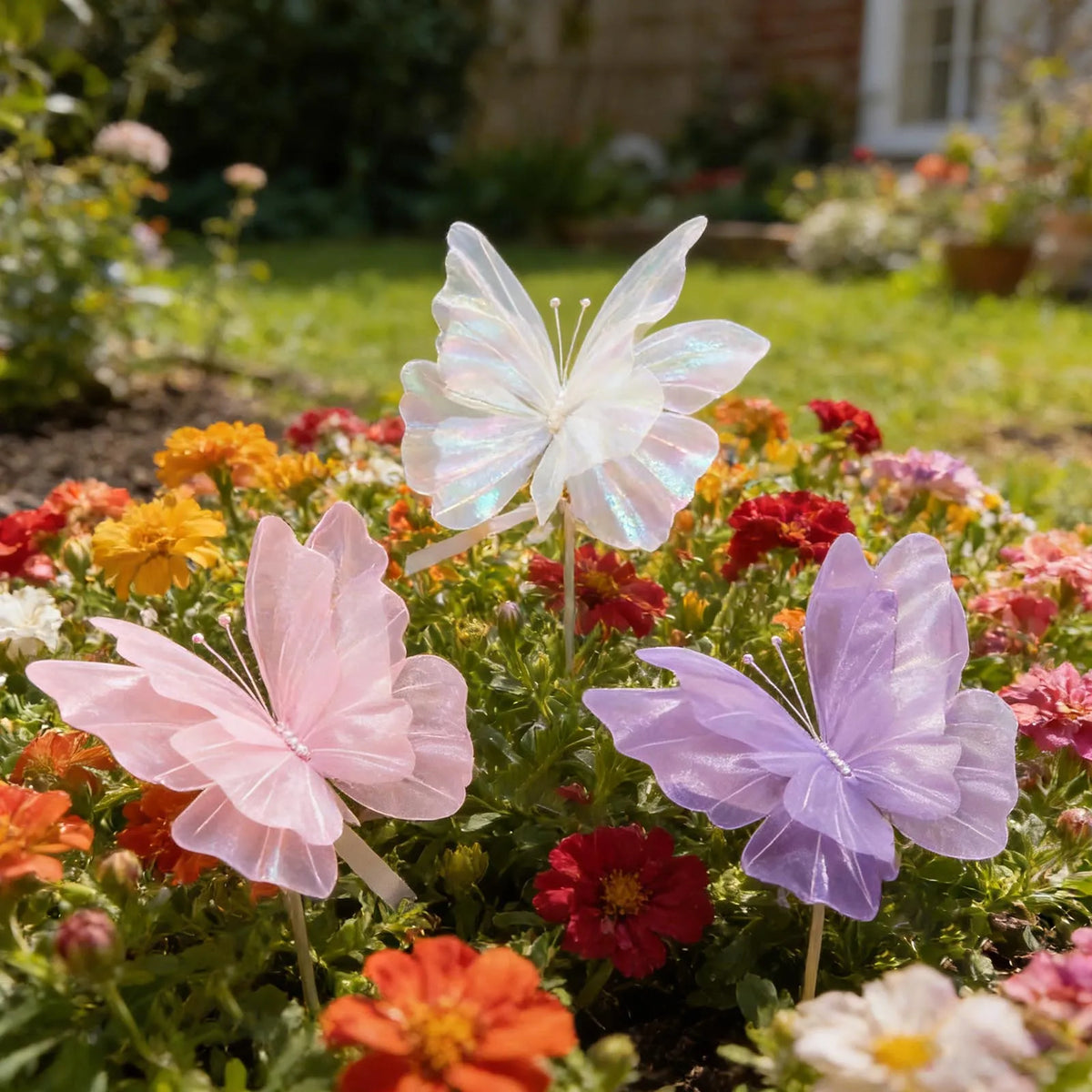 A delicate, translucent pink and purple 3D mesh butterfly wall decor placed among colorful garden flowers.
