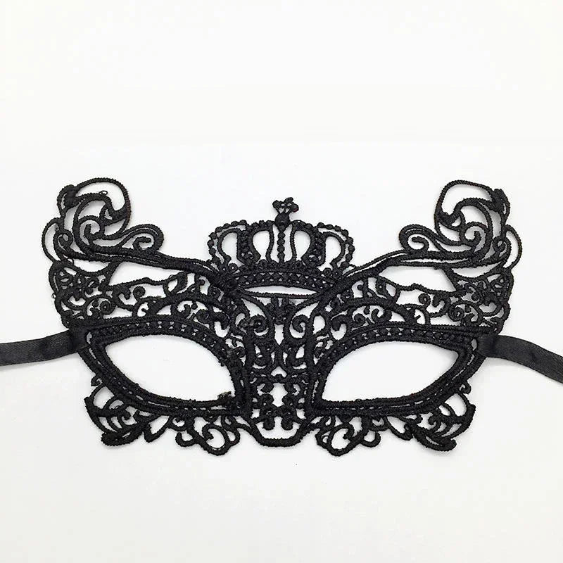 Elegant black lace half face mask with a crown design for masquerade and costume parties
