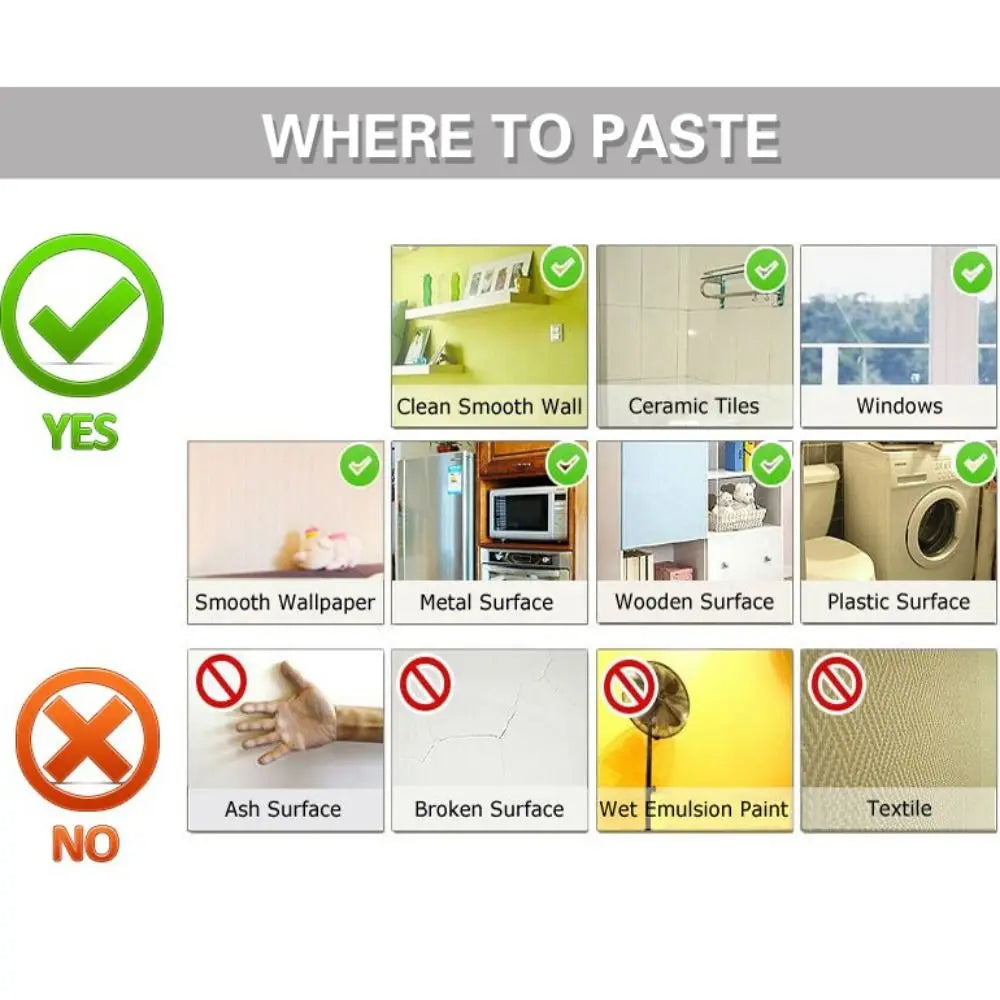 Diagram showing where to paste waterproof bee butterfly wall decals, including safe surfaces like smooth walls and ceramic ti
