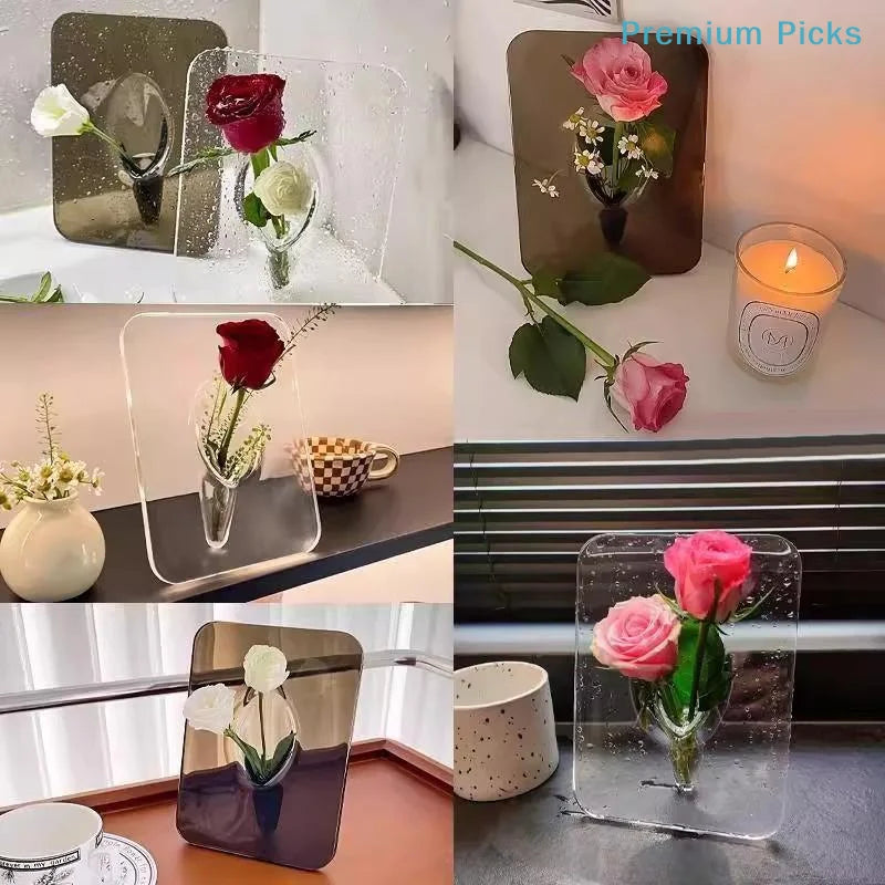 A collection of floral arrangements in clear acrylic frames and vases, including roses and greenery.