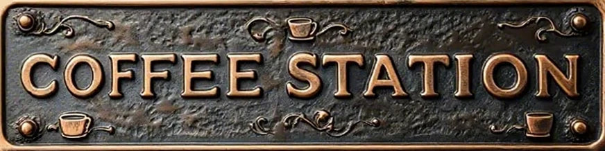 A vintage metal sign with the words COFFEE STATION embossed on it, featuring small teacup graphics.