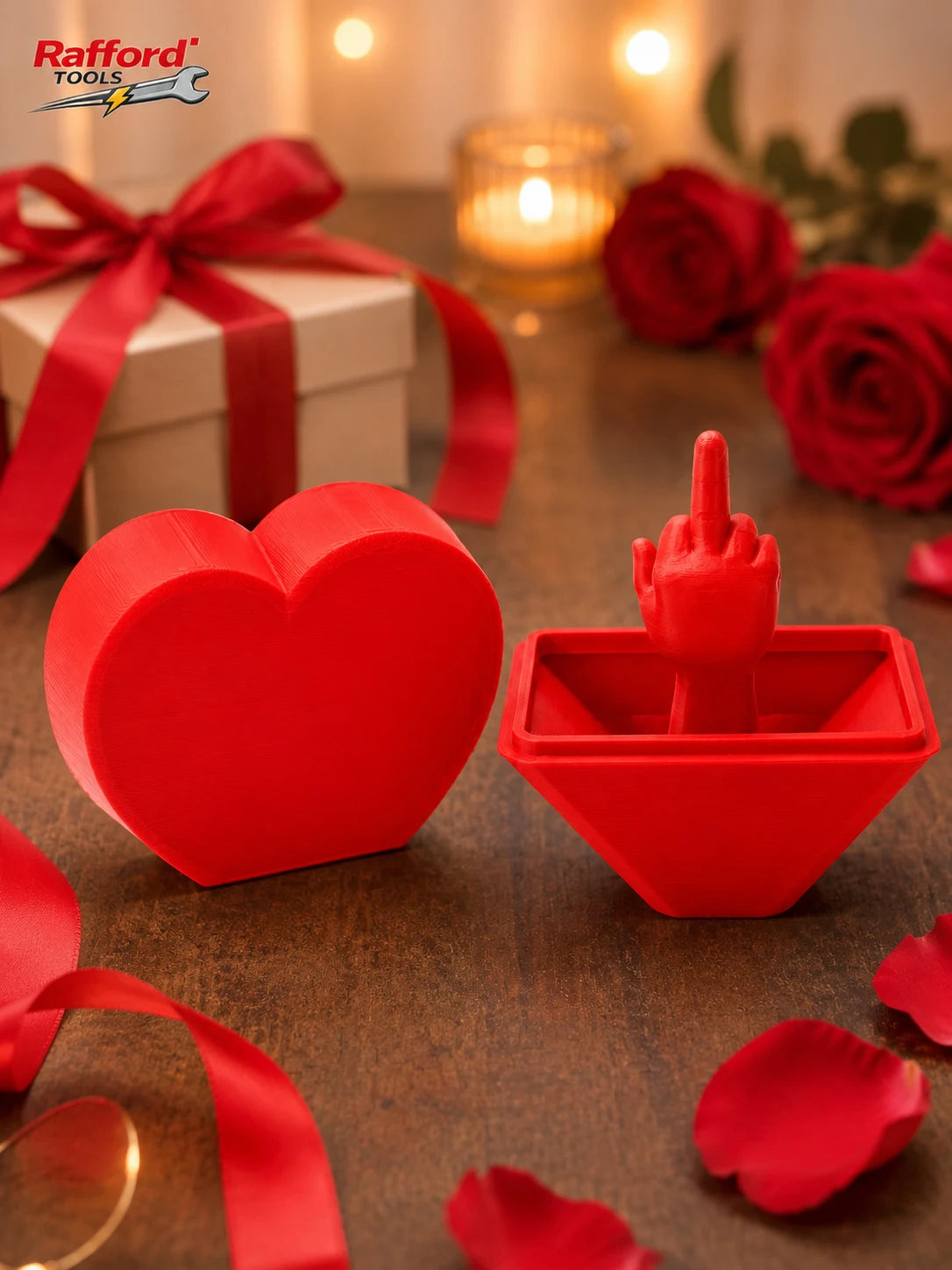 A red 3D printed heart surprise box and a red finger toy are displayed on a wooden surface with scattered red rose petals.