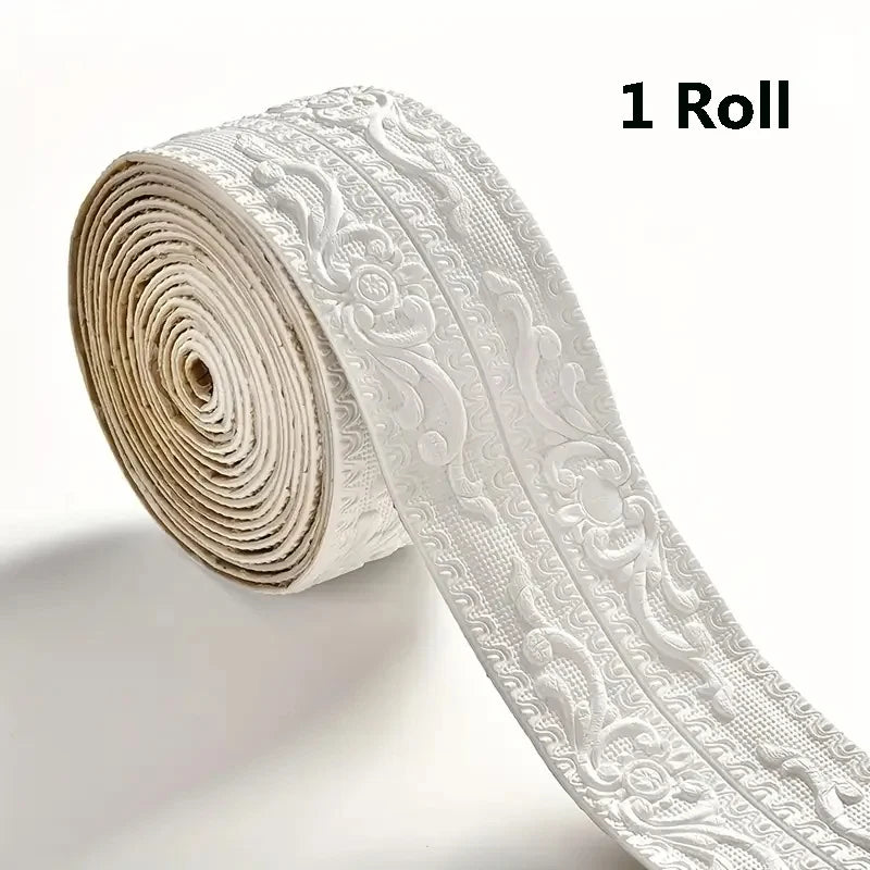 One roll of white self-adhesive PE foam edge banding trim for walls, ceilings, and door frames
