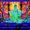 A vibrant tapestry featuring a hooded figure with glowing green and yellow light against an orange background.