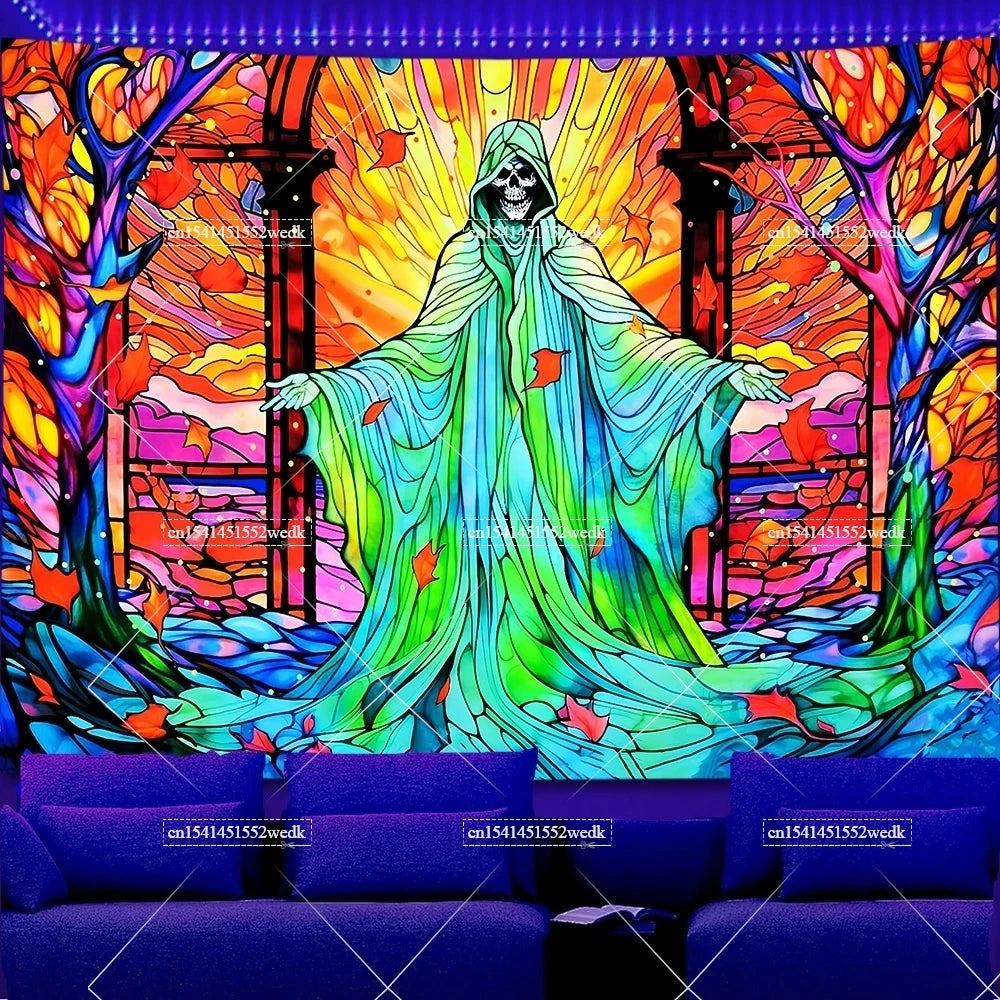 A vibrant tapestry featuring a hooded figure with glowing green and yellow light against an orange background.