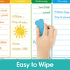 A hand wipes a weekly planner showing daily schedules for school, dinner, and drop-off times.
