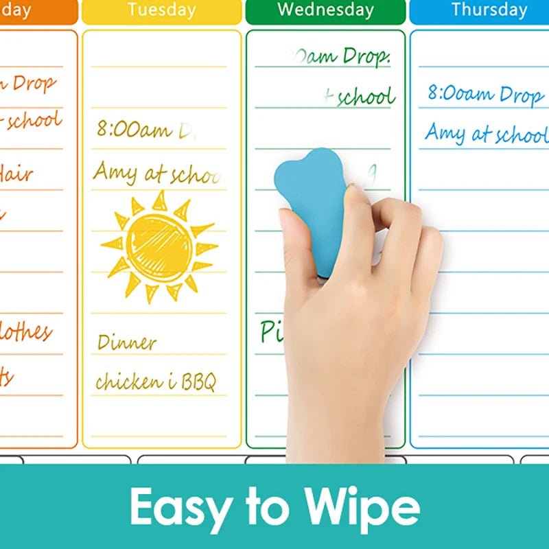 A hand wipes a weekly planner showing daily schedules for school, dinner, and drop-off times.