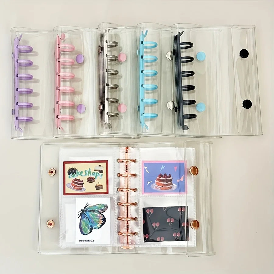 A clear binder with multiple plastic sleeves and magnetic closures for organizing pastel macarons or K-Pop collectibles.