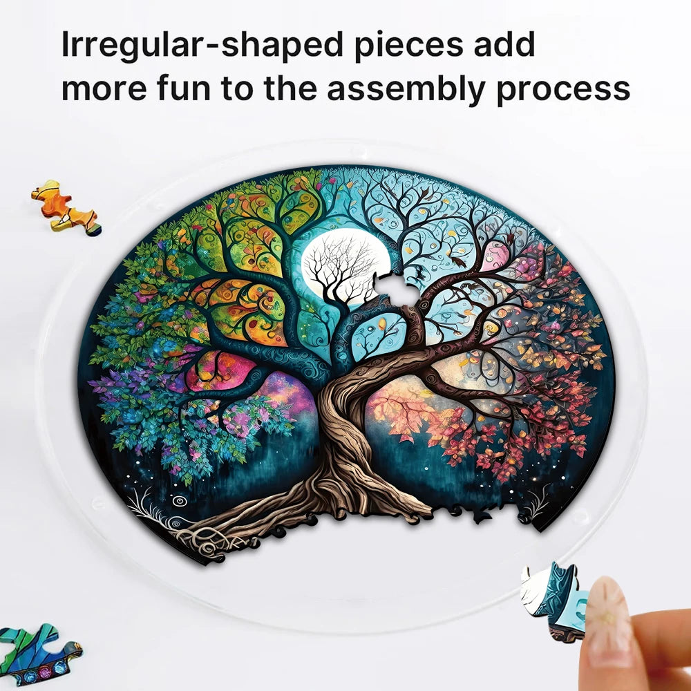 Acrylic stained glass suncatcher kit featuring irregular-shaped pieces forming a colorful tree design.