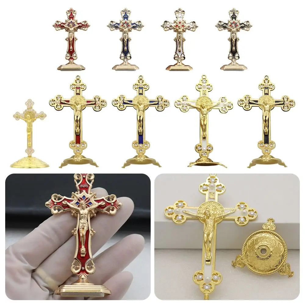 Golden Crucifix Figurine with Enamel Accents
