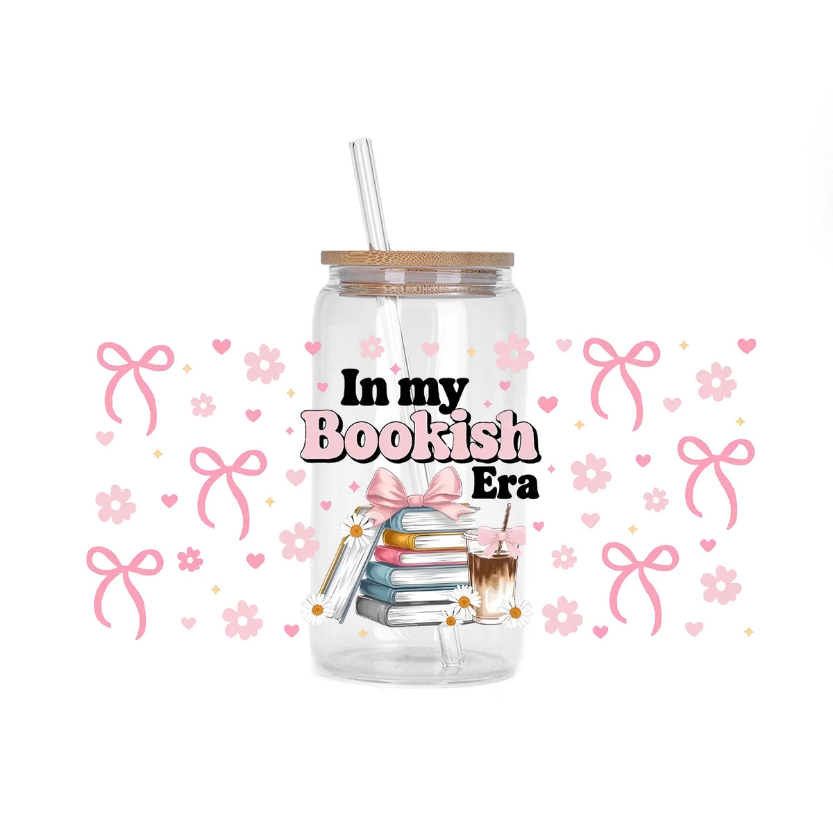 A glass jar filled with decorative stickers and a straw, featuring the text In my Bookish Era.