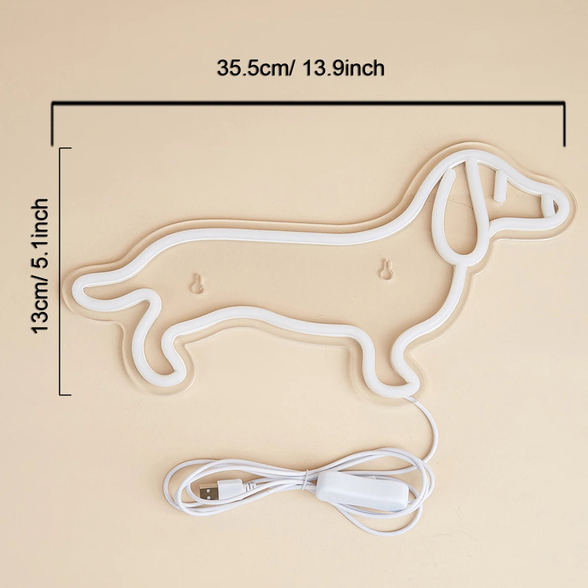 White neon sign shaped like a dog outline with a USB power cord