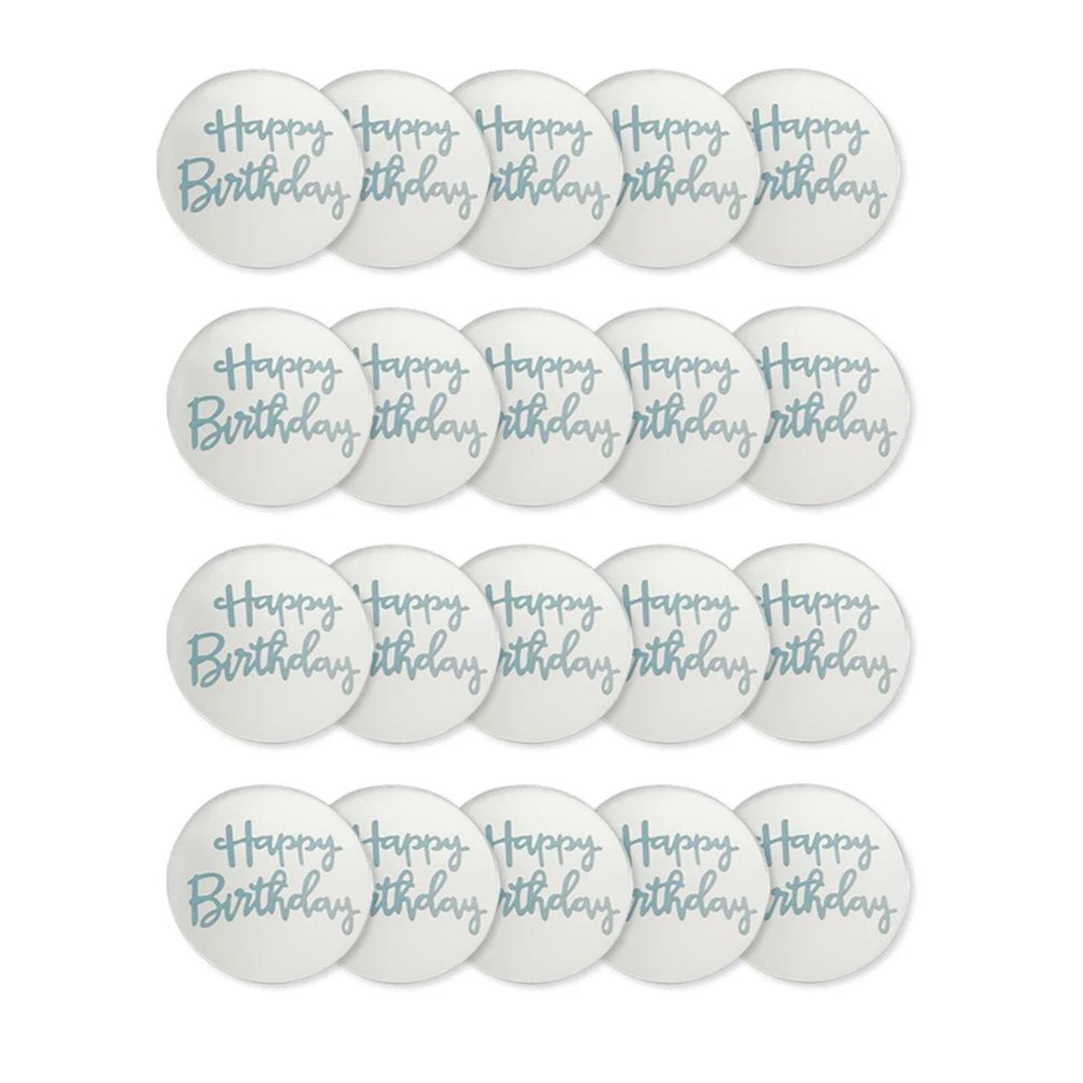 A set of mirror acrylic happy birthday cake toppers with the words happy birthday repeated.