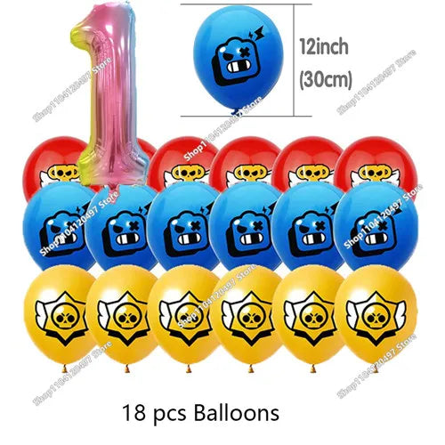 A set of 18 balloons featuring a blue and black monster design for a birthday celebration