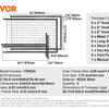 A diagram showing the dimensions and components of a wire grid wall display rack, including hooks, screws, and metal clips.
