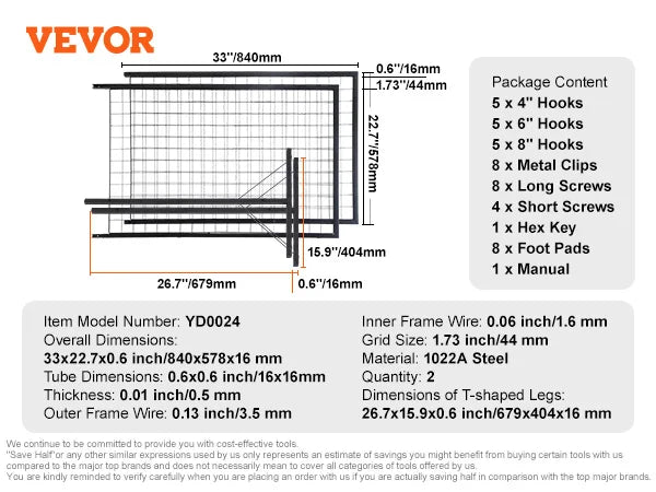 A diagram showing the dimensions and components of a wire grid wall display rack, including hooks, screws, and metal clips.