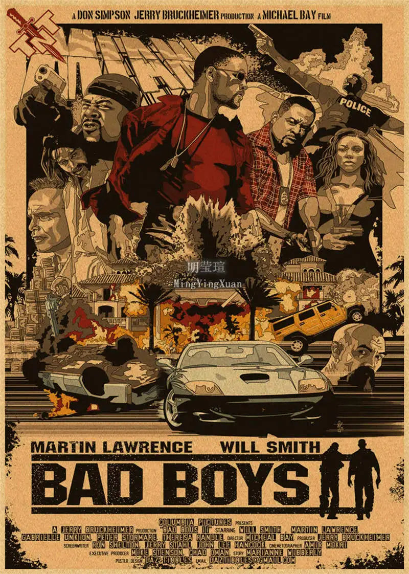 A vintage movie poster featuring a gritty scene with several figures and a car, titled Bad Boys.