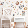 Wall stickers featuring various space and airplane designs, including rockets, planets, and a teddy bear pilot, decorating a 