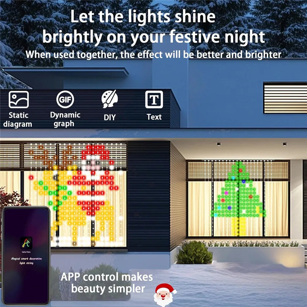 RGB LED curtain lights illuminating a building facade with festive light patterns.
