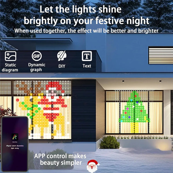 RGB LED curtain lights illuminating a building facade with festive light patterns.