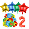 A set of colorful foil balloons and a large orange inflatable number 2 for a birthday party.