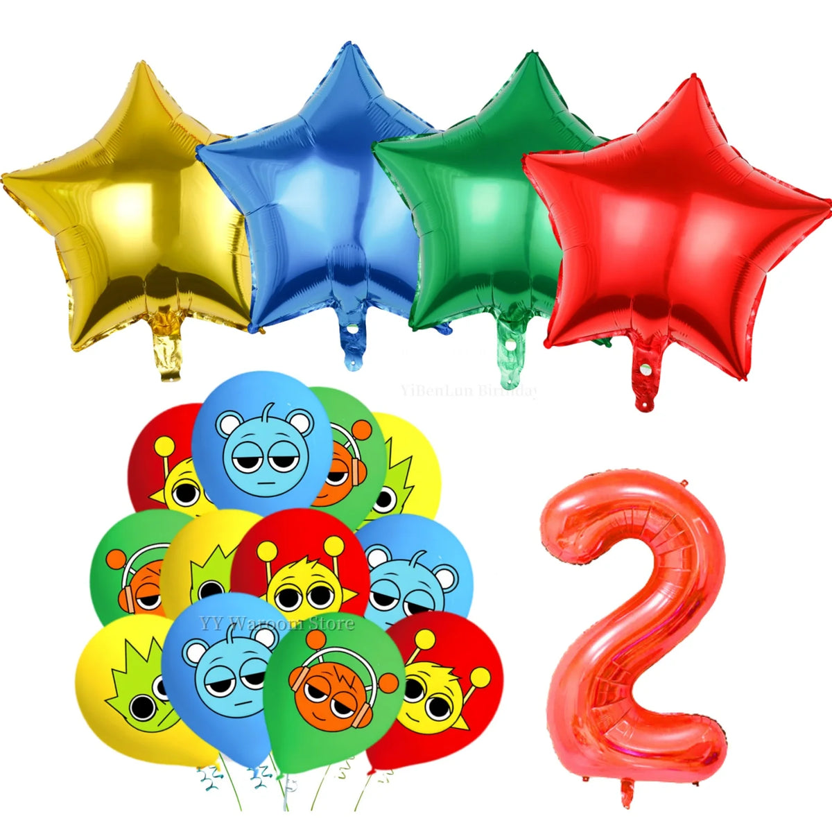 A set of colorful foil balloons and a large orange inflatable number 2 for a birthday party.