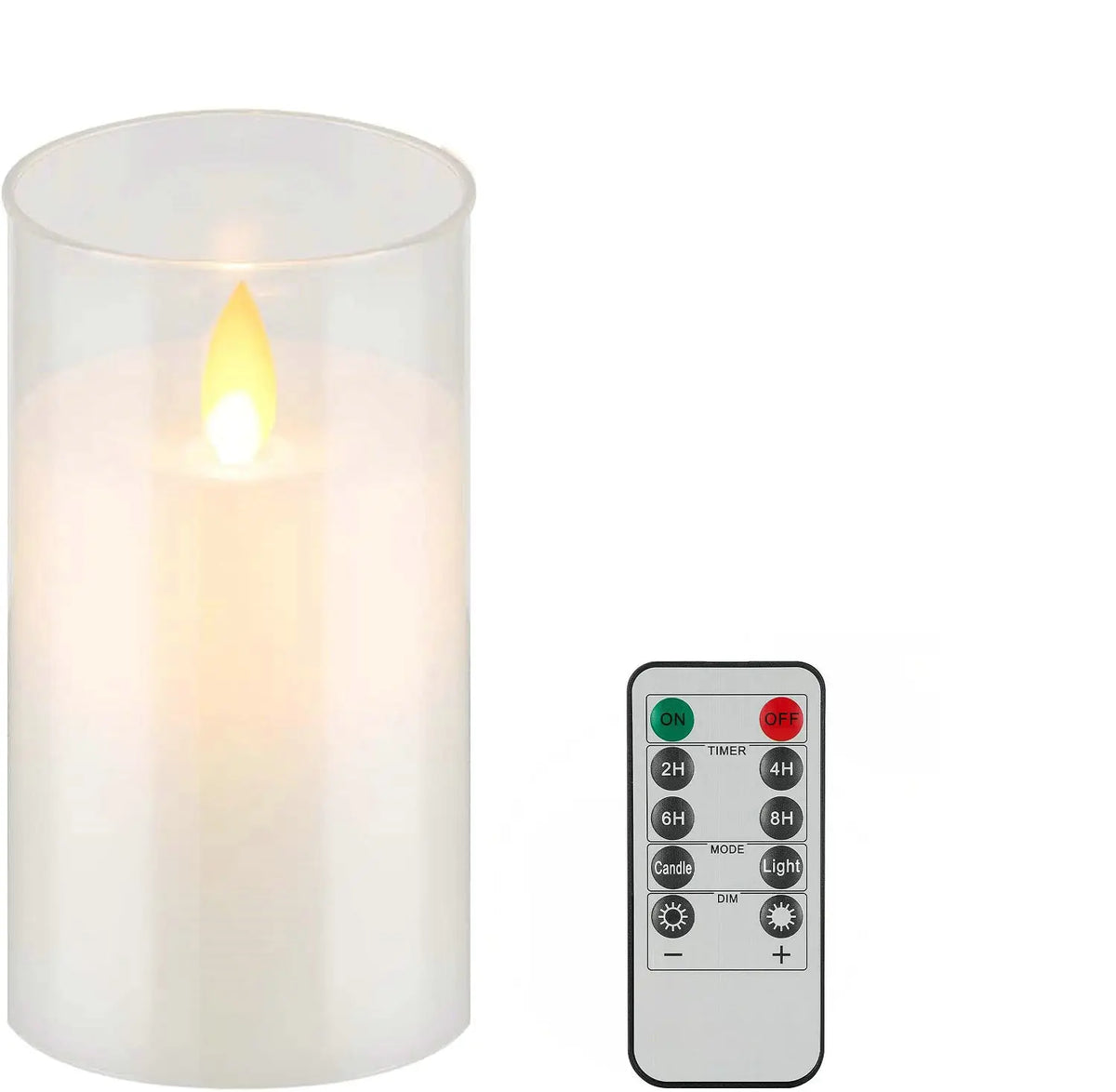 A white pillar candle in a glass holder with a visible flame, next to a black remote control.