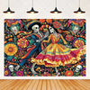 A vibrant photo backdrop featuring a colorful floral skull design with a female skeleton figure.