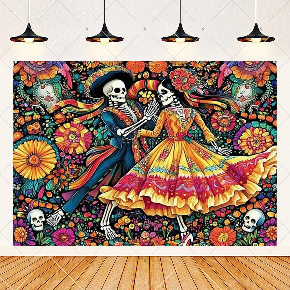A vibrant photo backdrop featuring a colorful floral skull design with a female skeleton figure.