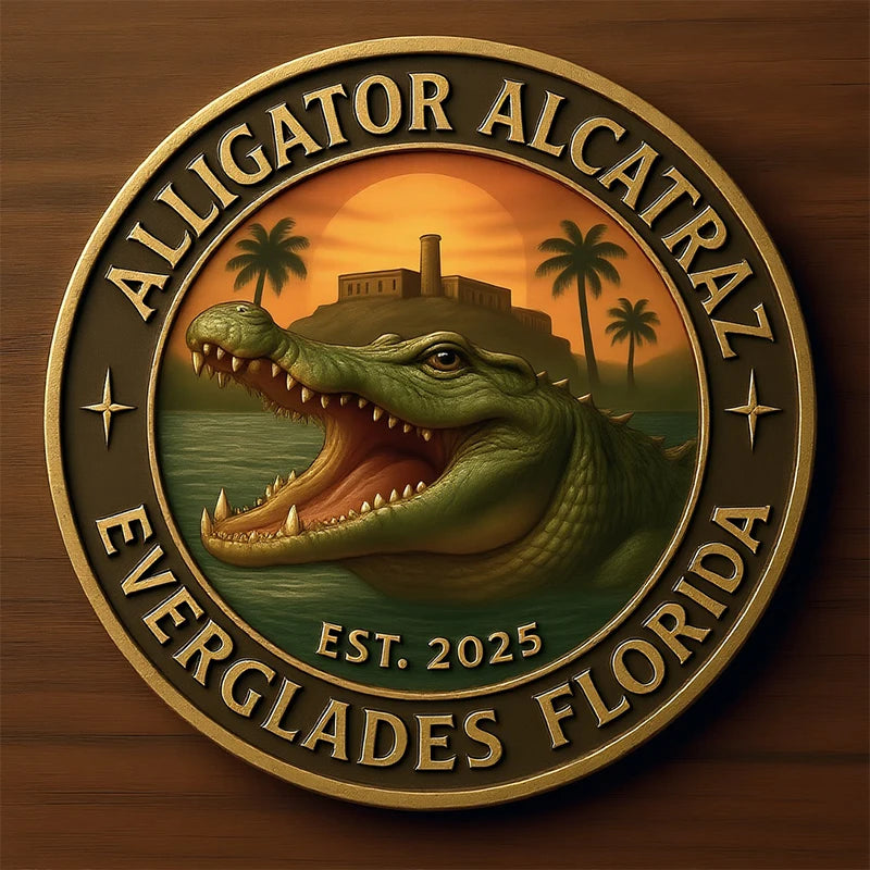 A circular emblem featuring an alligator head silhouette against a sunset background, with text identifying Everglades Florid