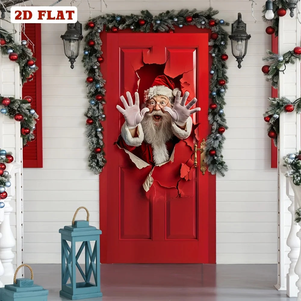 A red door decorated with a festive green garland and a cutout of Santa's face.