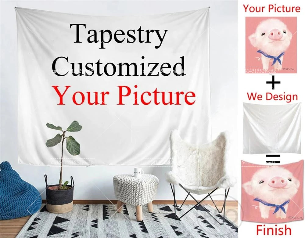 A white tapestry featuring a custom picture design, displayed on a wall with a potted plant and furniture.