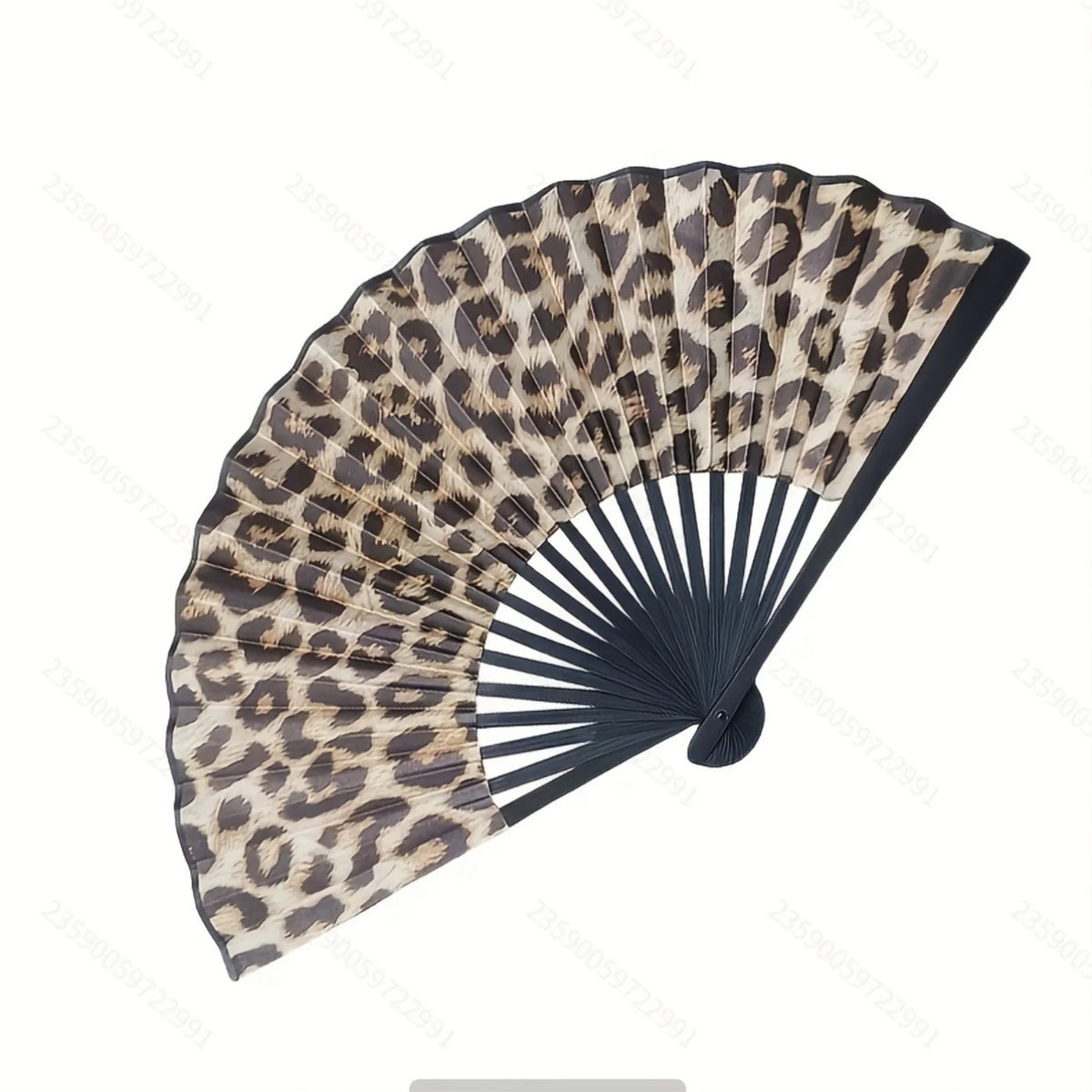 Leopard print folding hand fan with a black frame, shown open and angled.