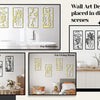 A set of four modern abstract female line art metal wall decor pieces displayed in various room settings.