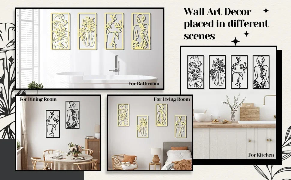 A set of four modern abstract female line art metal wall decor pieces displayed in various room settings.