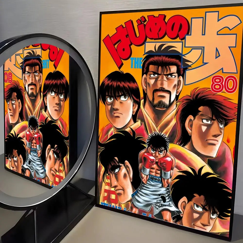 A vibrant canvas poster featuring characters from Hajime no Ippo, including boxing figures and Japanese text.