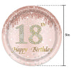 A pink plate with gold glitter detailing and the text eighteen birthday