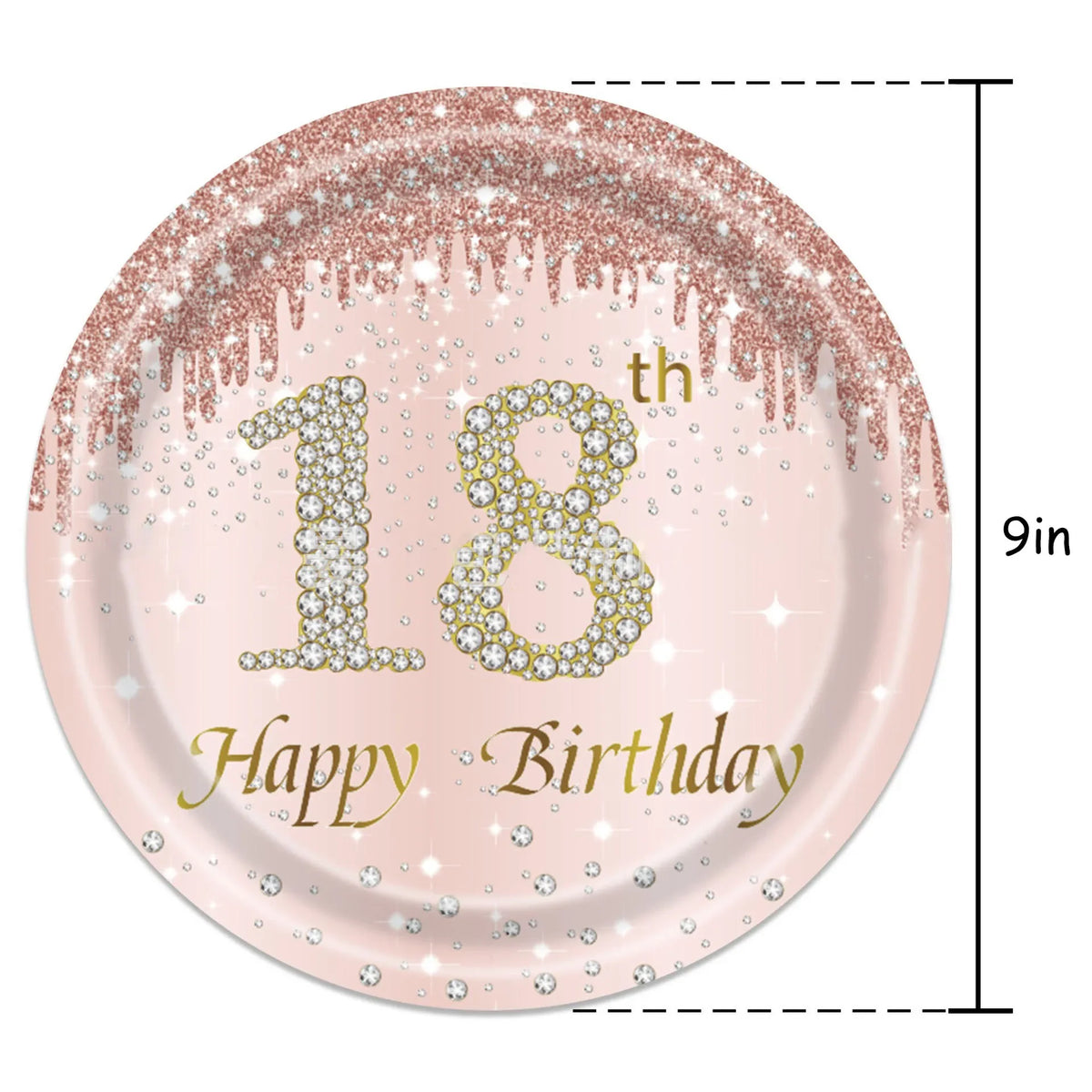 A pink plate with gold glitter detailing and the text eighteen birthday