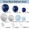 A set of gray and blue balloons, including various sizes and accessories like chains, glue, and ribbons, for a balloon arch.