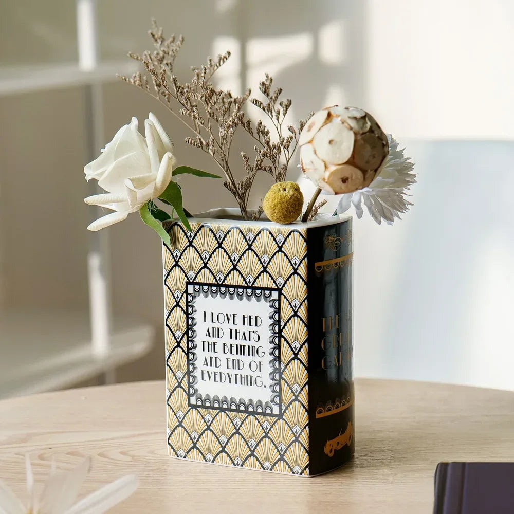 Hand-Painted Ceramic Book Vase with Blooming Flowers
