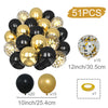 A kit of 51 metallic gold and black balloons with glitter accents and confetti rings for party decor