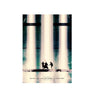 Vertical wall art featuring a stylized, vertical striped pattern in teal and white tones with silhouettes of figures.