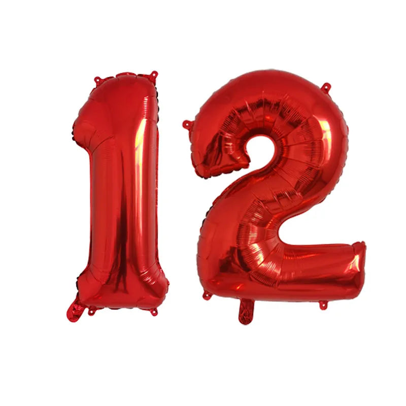 Two shiny red foil number balloons, 1 and 2, for birthday party decor.