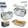 A set of 25 disposable aluminum foil food trays with lids, measuring 400 ml each.