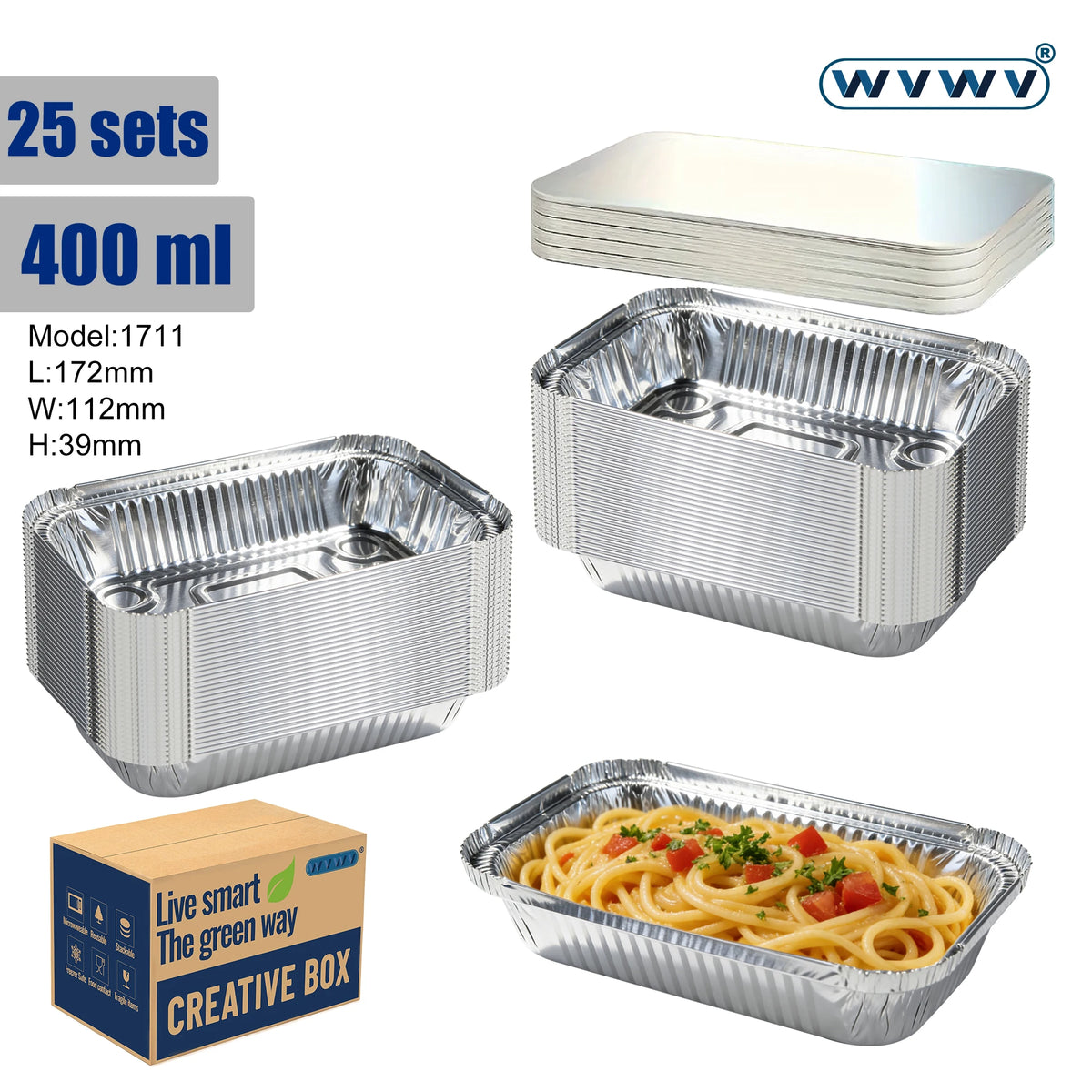 A set of 25 disposable aluminum foil food trays with lids, measuring 400 ml each.