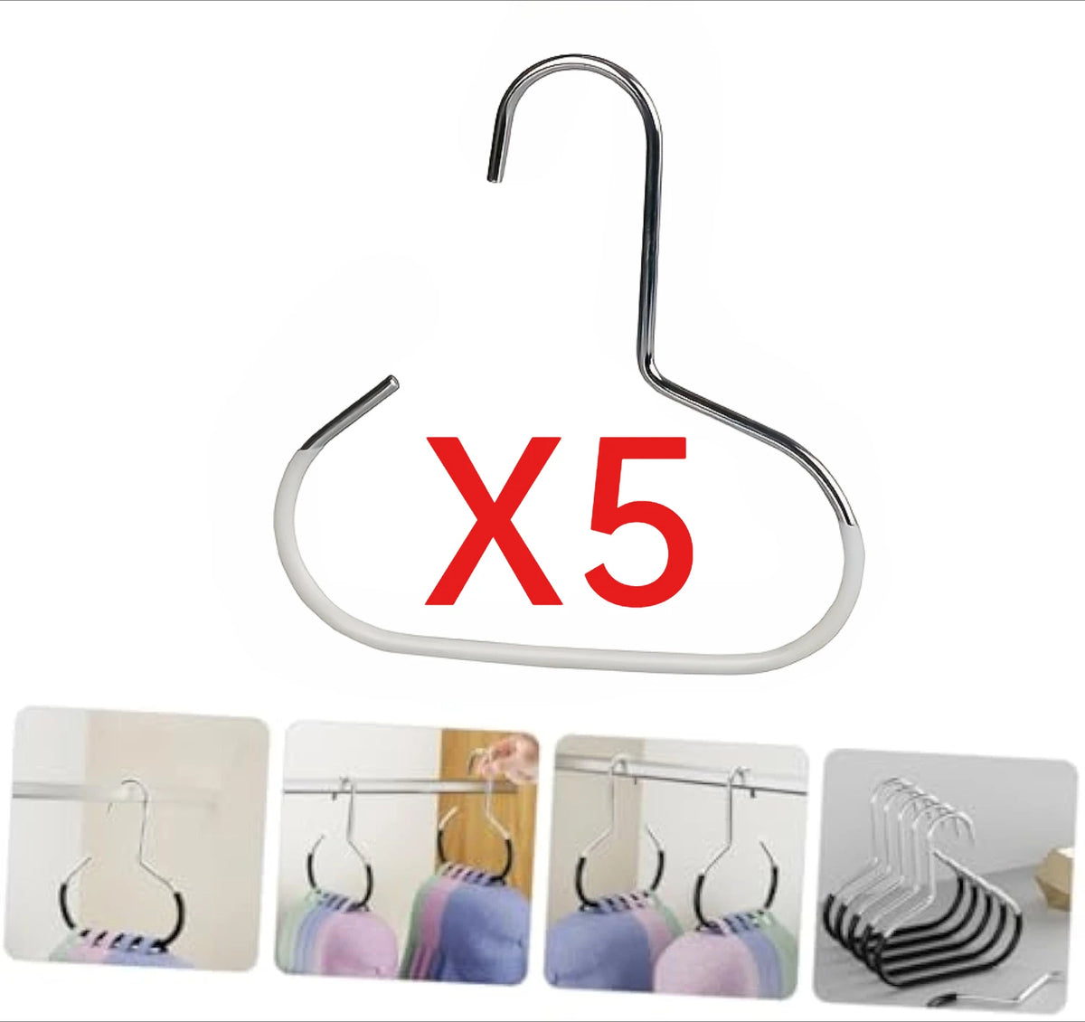 Five silver round multi-purpose closet hooks for hanging hats, scarves, and bags.