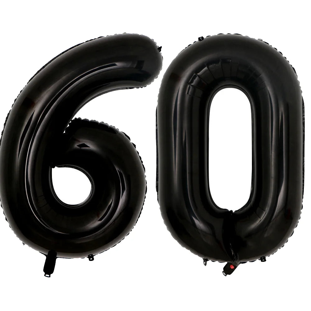A set of two giant black foil balloons shaped like the number 60