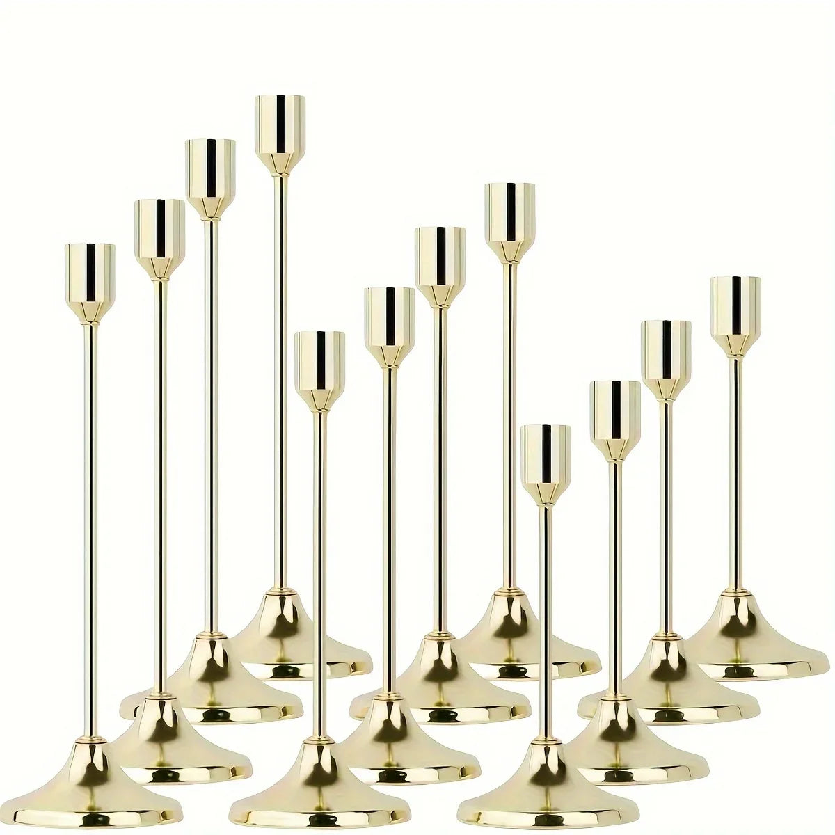 A set of twelve elegant gold-toned metal candle holders with slender stems and flared bases.